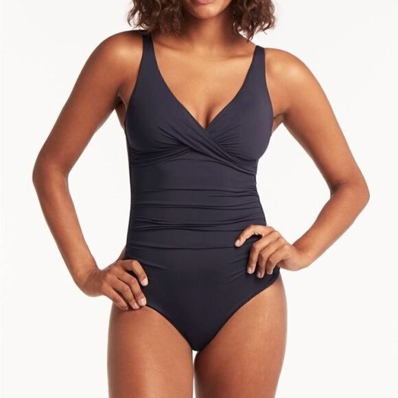 New Sea Level Eco Essentials Cross Front One Piece Swimsuit Black Ruched Sz 4 - Picture 16 of 16